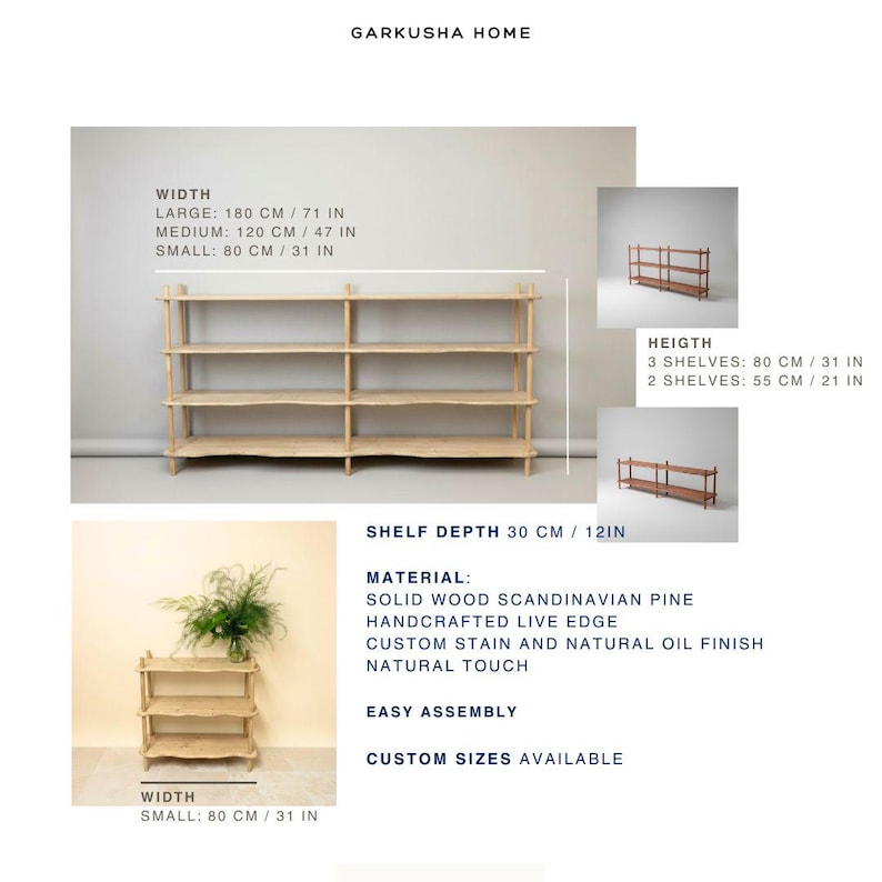 Puede incluir: Estanter&iacute;a de madera maciza de color claro con tres estantes. La estanter&iacute;a est&aacute; hecha de pino escandinavo y tiene un borde vivo hecho a mano. La estanter&iacute;a mide 180 cm de ancho, 30 cm de profundidad y 80 cm de alto.