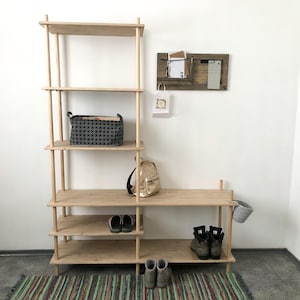 Mid Century Modern Pine Wood Bookcase: Handmade Room Divider & Shoe Rack