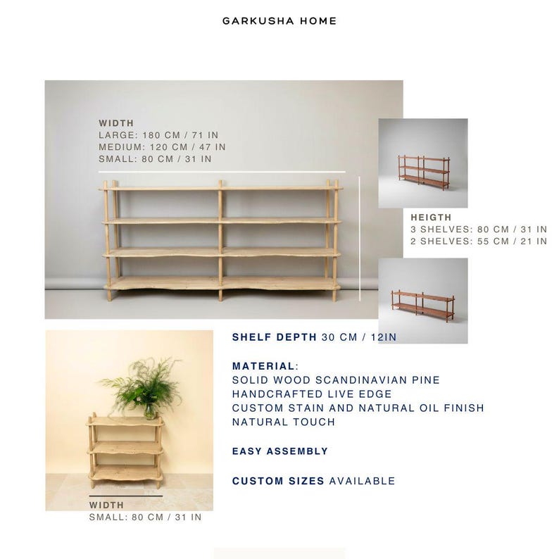 May include: A light-colored solid wood shelving unit with a live edge design. The text GARKUSHA HOME is at the top. Dimensions are listed: width 80 cm/31 in to 180 cm/71 in, height 55 cm/21 in to 80 cm/31 in, and a shelf depth of 30 cm/12 in.