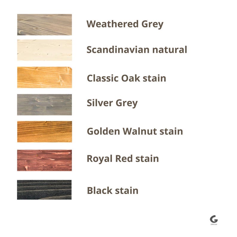 Puede incluir: Una paleta de colores que muestra muestras de tinte para madera. Las muestras incluyen Weathered Grey, Scandinavian natural, Classic Oak, Silver Grey, Golden Walnut, Royal Red y Black. El texto etiqueta cada color.