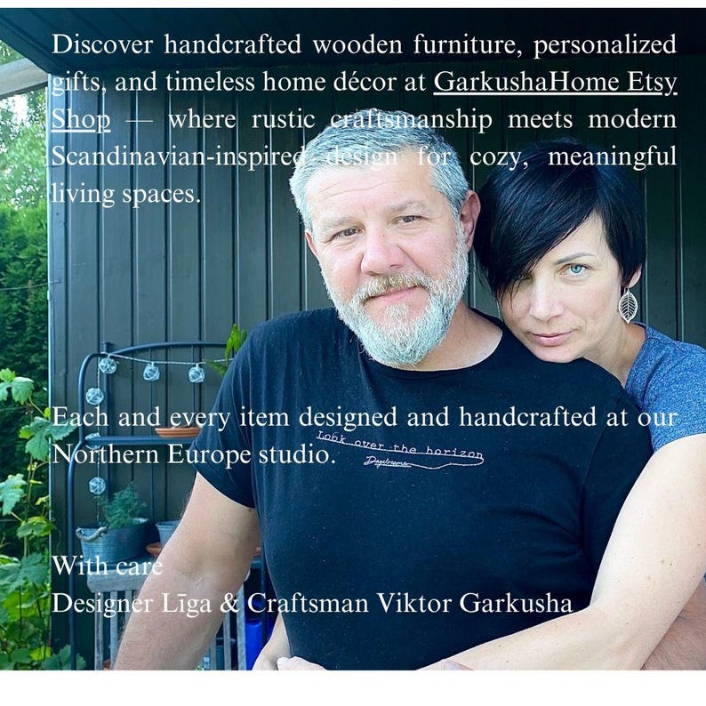 May include: A black t-shirt with the text 'Look over the horizon' printed in white. The image includes text stating: 'Discover handcrafted wooden furniture, personalized gifts, and timeless home d&eacute;cor at GarkushaHome Etsy Shop. Each and every item designed and handcrafted at our Northern Europe studio. With care. Designer Liga & Craftsman Viktor Garkusha.'