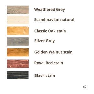 Puede incluir: Una tabla de colores que muestra siete muestras rectangulares de veta de madera con sus etiquetas correspondientes: Weathered Grey, Scandinavian natural, Classic Oak stain, Silver Grey, Golden Walnut stain, Royal Red stain y Black stain, con un peque&ntilde;o logotipo G.