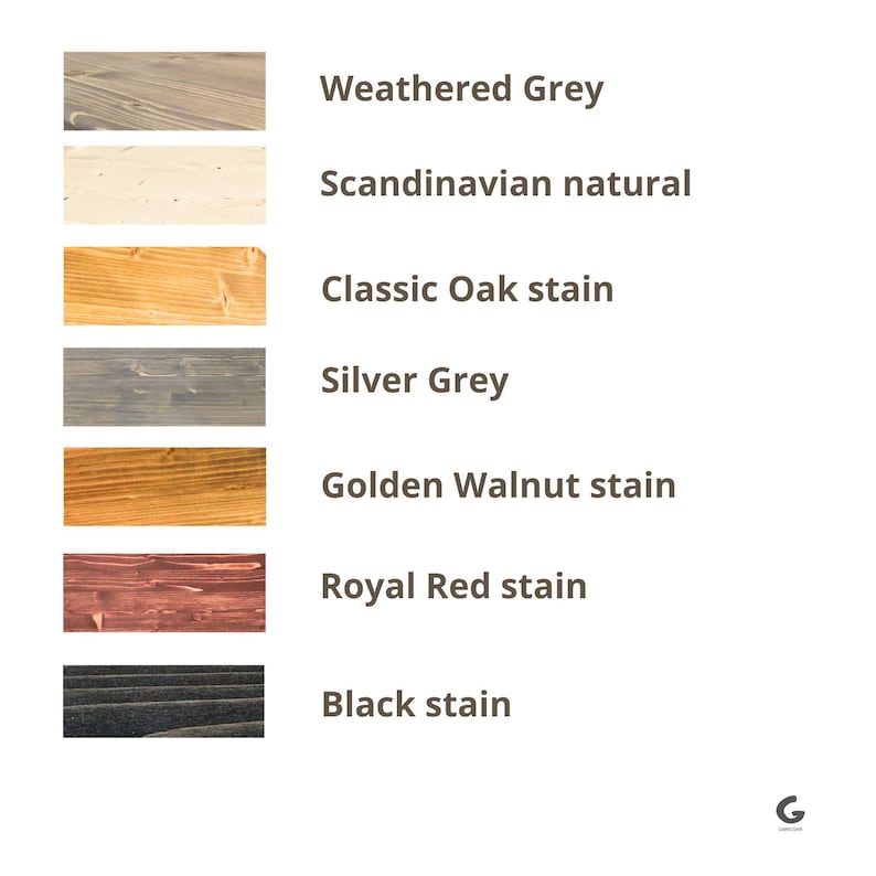 Puede incluir: Una tabla de colores que muestra siete muestras rectangulares de veta de madera con sus etiquetas correspondientes: Weathered Grey, Scandinavian natural, Classic Oak stain, Silver Grey, Golden Walnut stain, Royal Red stain y Black stain, con un peque&ntilde;o logotipo G.