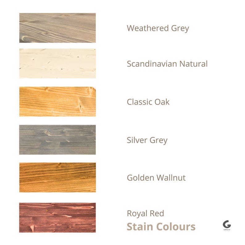 May include: A color chart displaying six wood stain samples with visible grain patterns. The labels are Weathered Grey, Scandinavian Natural, Classic Oak, Silver Grey, Golden Walnut, and Royal Red. The text at the bottom reads Stain Colours.