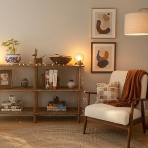 May include: A three-tier wooden bookshelf holding books, a blue and white patterned planter, a small deer figurine, and two spherical lamps. Beside it sits an off-white armchair with a rust-colored throw blanket, a patterned pillow, and a tall floor lamp.