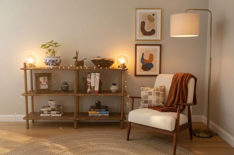May include: A three-tier wooden bookshelf holding books, a blue and white patterned planter, a small deer figurine, and two spherical lamps. Beside it sits an off-white armchair with a rust-colored throw blanket, a patterned pillow, and a tall floor lamp.