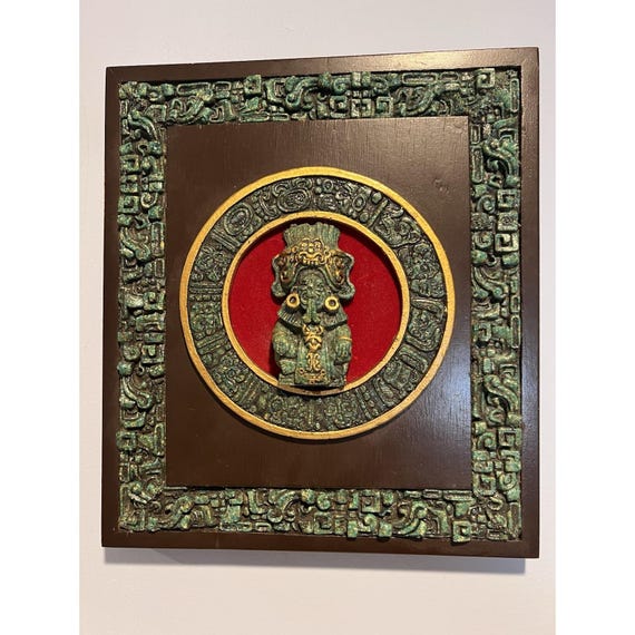 MosaLite Vintage MCM Stone Art 額装 1点物 VTG MCM Mayan Aztec Wall Plaque Crushed Malachite Stone Zarebski