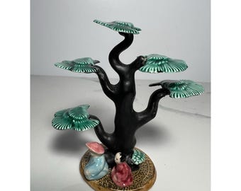 Figura de porcelana vintage Napco con árbol bonsái y figuras humanas, miniatura japonesa, rara.