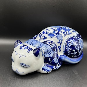 Mid Century Blue & White Floral Large Porcelain Laying Cat Figurine