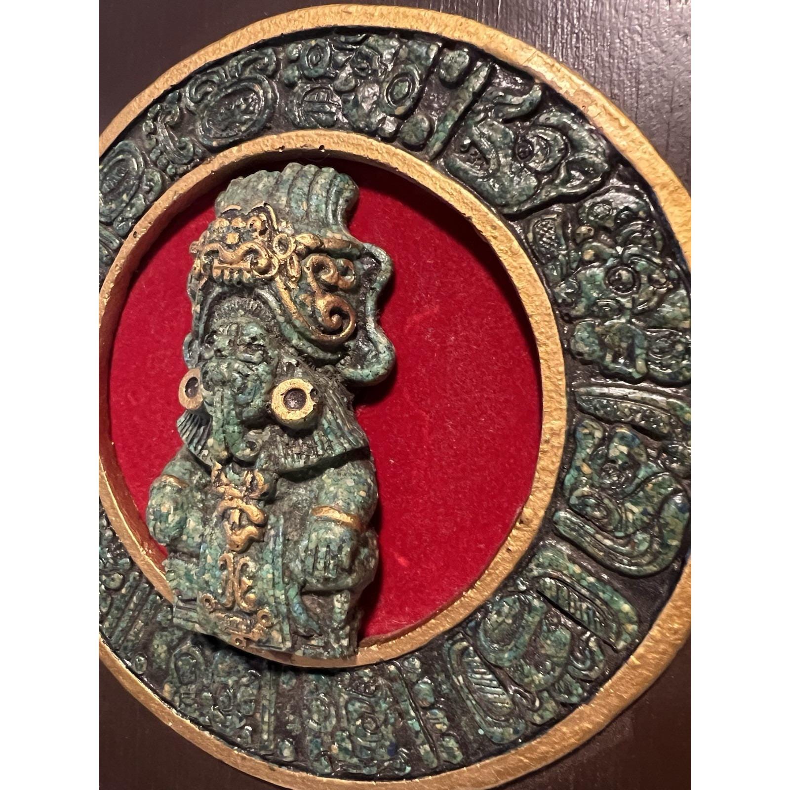 VTG MCM Mayan Aztec Wall Plaque Crushed Malachite Stone Zarebski