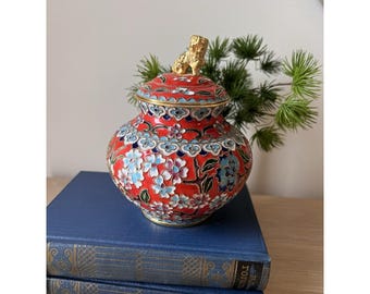 VTG Cloisonné Enamel Red Blue Ginger Jar With Foo Dog On Top