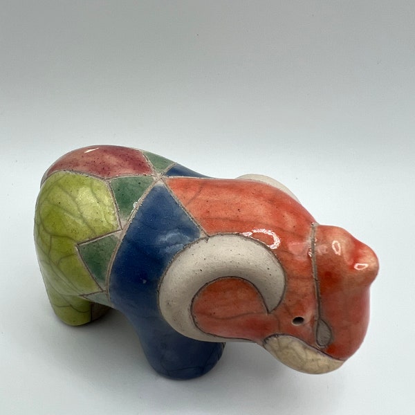 Hand Crafted South African Colorful Ceramic Raku Pottery Elephant Sculpture Figurine