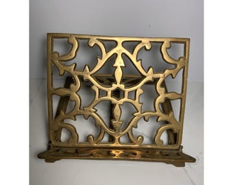 Vintage Buchständer aus massivem Messing, verstellbar, mit filigranem Scrollmuster, Mid-Century Modern