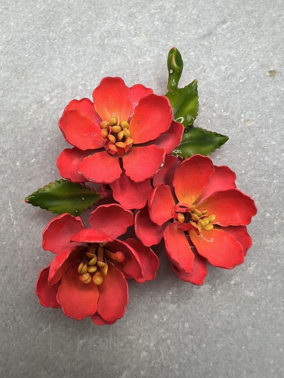 Large Pink Flower Enamel Vintage Brooch