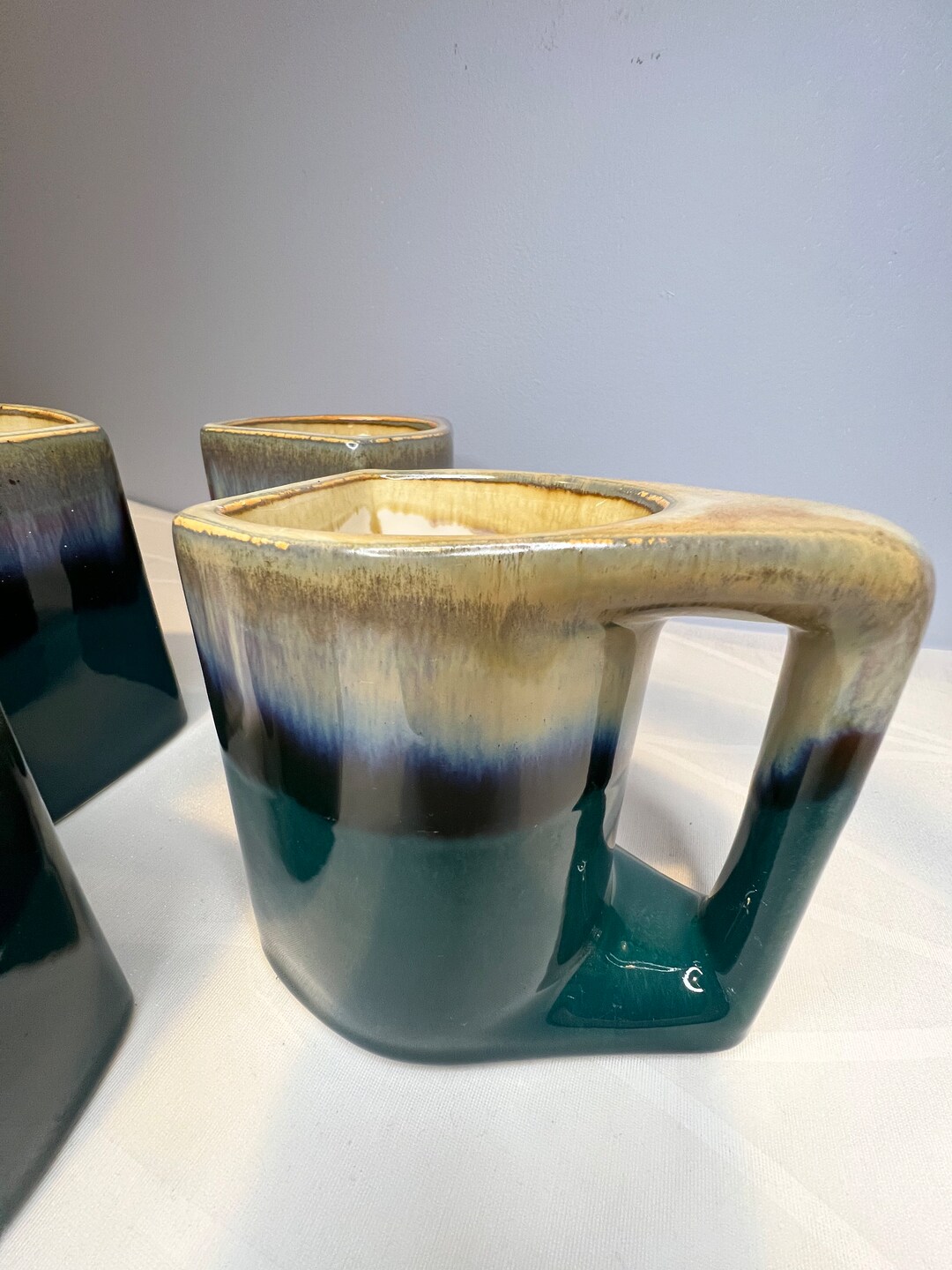 Vintage Rodolfo Padilla Stoneware Mug Set With Teal Green Blue Etsy