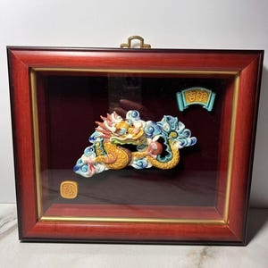 VTG Mythical Chinese Dragon Ceramic 3D Framed Art