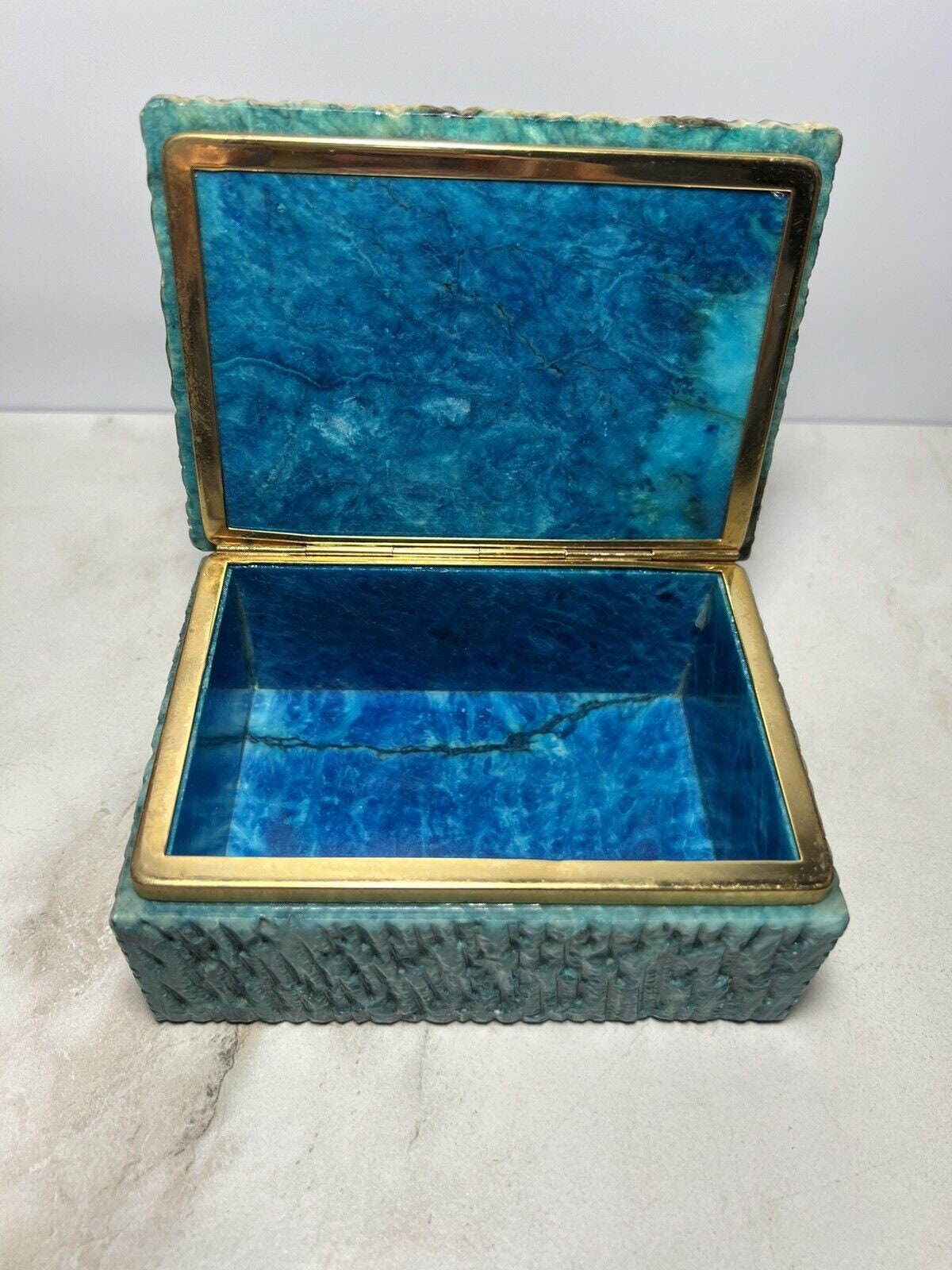 Vintage Genuine Alabaster Hand Carved Jewelry Trinket Box