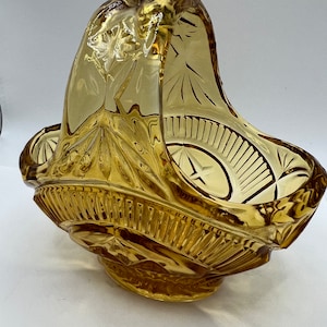 Vintage Art Deco Pressed Amber Glass Basket Candy Bowl