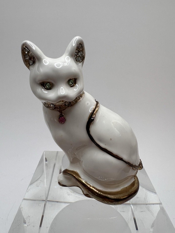 Hand Painted Enamel Cat Trinket Box - Rhinestone Decorated Jewelry Storage For Home Decor