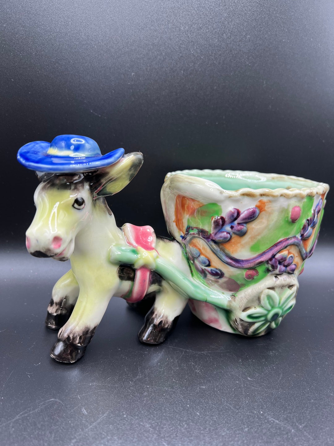 Vintage Ceramic Donkey Pulling Cart Planter Etsy