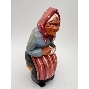 Hand Carved Wood Folk Art Old Woman Figurine Sculpture Grandma Decor