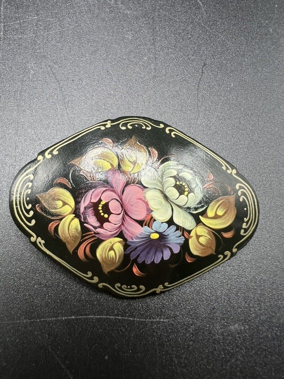 Hand Painted Russian Lacquer Oval Brooch Vintage F