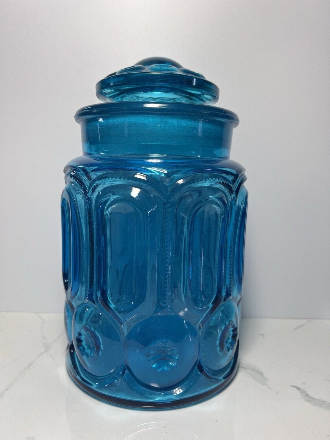 VTG LE Smith Moon and Star Blue Glass Canister With Lid 9.25 Inch Jar