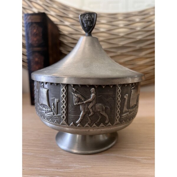 Snorre Norsk Tinn Viking Pewter Lidded Bowl Norway Longship 35 Footed Vessel