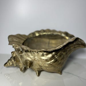 Può includere: Un piatto a forma di conchiglia di colore dorato. Il piatto è in metallo e presenta un design dettagliato e realistico.