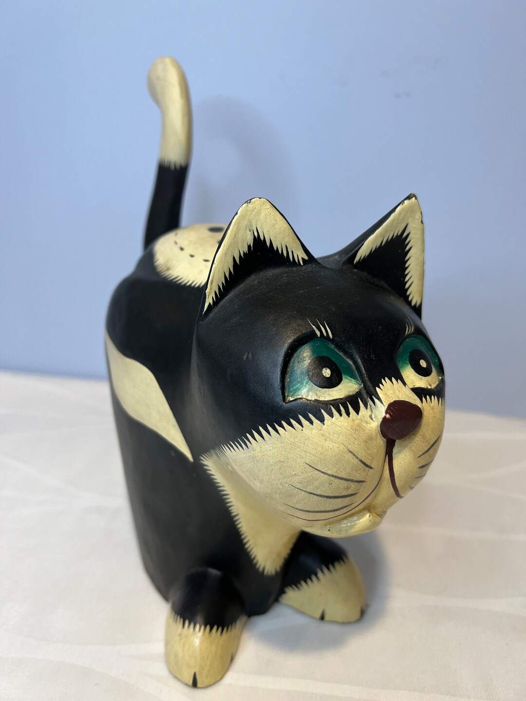 Vintage Large Wood Tuxedo Cat Figurine Etsy