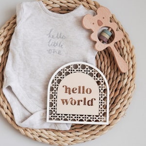 Hello World Birth Announcement Sign Baby Announcement Sign Welcome To The World Sign Baby Arrival Sign Wooden Rattan Baby Reveal Sign