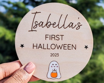 Personalised My First Halloween Baby Name Sign Bat Pumpkin Ghost Sign Baby's First Halloween Wooden Baby Name Reveal Announcement Plaque