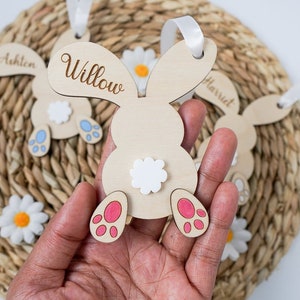 Personalisierte Osterhase Korb Geschenkanhänger Namensschild Holzhase Kaninchen Geschenk Etikett Kinder Kinder Namensschilder Favor Geschenkanhänger für Ostern Tags