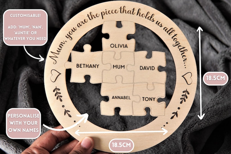 Może przedstawiać: Okrągła drewniana układanka z napisem "Mum, you are the piece that holds us all together..." wok&oacute;ł krawędzi. Układanka składa się z sześciu element&oacute;w z wygrawerowanymi nazwami: "Olivia", "Bethany", "Mum", "David", "Annabel" i "Tony". Układanka ma średnicę 18,5 cm.
