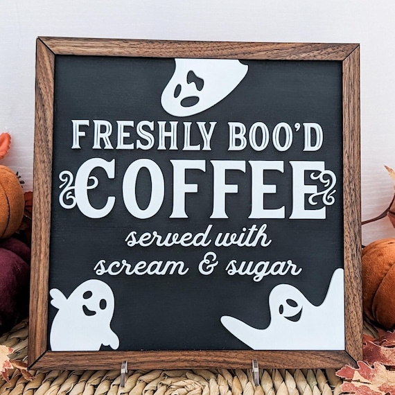 Halloween Décor Indoor Bar Sign Coffee Shop Décor Funny Wooden Halloween Sign Café Owner Gift For Restaurant Freshly Bood Coffee Sign