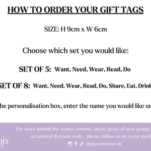 May include: Text on a white background reads "HOW TO ORDER YOUR GIFT TAGS." It lists size as 9cm high x 6cm wide. Instructions include choosing a set of 5 or 8 tags with various words. The Phoenix Cove logo is at the bottom.