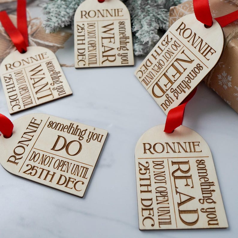 Personalised Something You Want Need Wear Read Do Share Eat Drink Custom Wooden Gift Tag Set Xmas Present