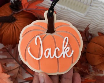 Etiqueta de nombre de calabaza personalizada, decoraciones de Halloween de otoño, etiqueta de cesta de Halloween de madera, etiqueta de cubo de calabaza, etiquetas de regalo de Halloween para niños, etiqueta Boo