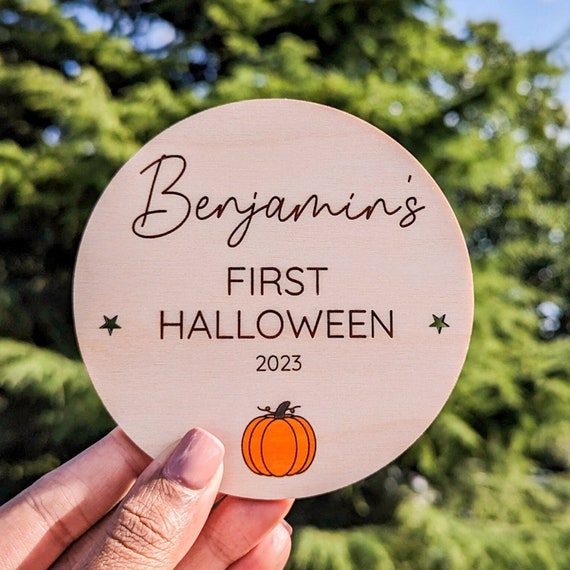 Personalised My First Halloween Baby Name Sign Pumpkin Bat Ghost Sign Baby's First Halloween Wooden Baby Name Reveal Announcement Plaque