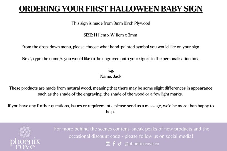 Puede incluir: Un cartel blanco y negro con el texto "ORDERING YOUR FIRST HALLOWEEN BABY SIGN" e informaci&oacute;n sobre c&oacute;mo pedir un cartel de beb&eacute; de Halloween personalizado. El cartel est&aacute; hecho de madera de abedul de 3 mm y mide 11 cm de ancho por 11 cm de alto. El cartel est&aacute; disponible en una variedad de s&iacute;mbolos pintados a mano y se puede personalizar con un nombre.