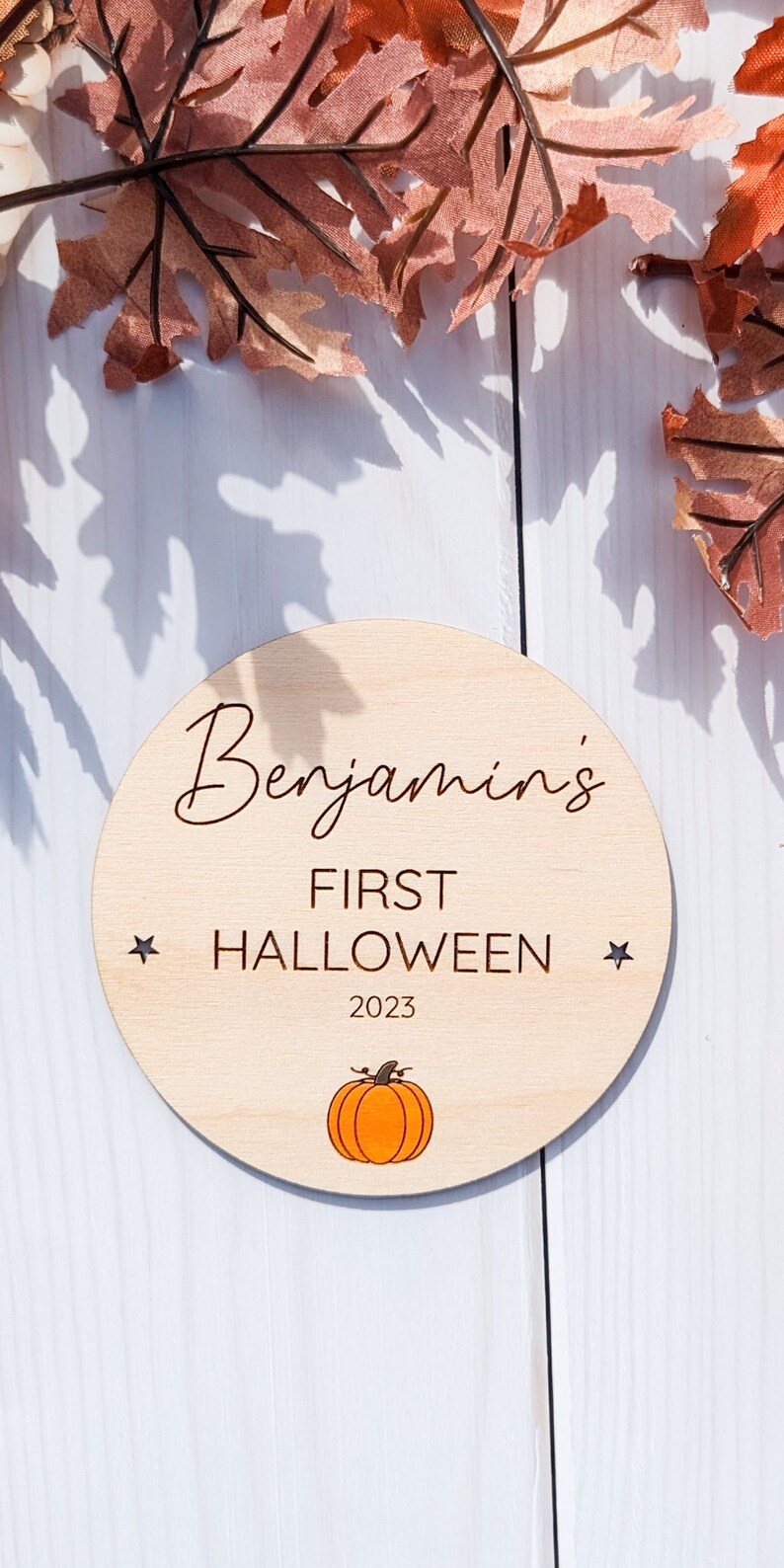 Pumpkin Bat Ghost Sign Baby's First Halloween Wooden Baby Name Reveal Announcement Plaque