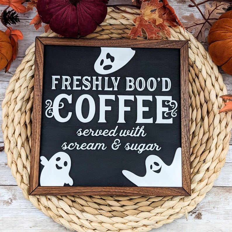 Funny Wooden Halloween Sign Café Owner Gift For Restaurant Freshly Bood Coffee Sign