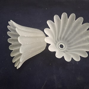 May include: Two white frosted glass lampshades with a scalloped edge and a fluted design. The lampshades are shaped like a flower.