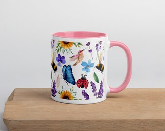 Mariposa mariquita pájaro nacimiento flor jardín café/taza de té color en el interior, taza hecha a mano estética floral única, lavavajillas-mejor regalo para ella