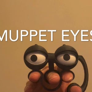 May include: Black Muppet Eyes toy with white and black eyes, held in front of a tan background. The text "MUPPET EYES" is displayed in white block letters above the toy.