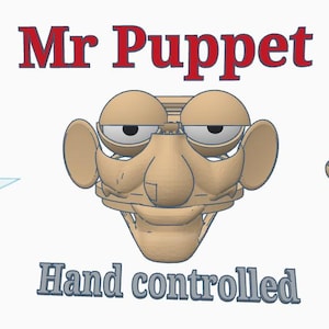 Può includere: Un volto di burattino color beige con occhi e orecchie grandi e rotonde. Il testo "Mr Puppet" è sopra il volto in rosso e "Hand controlled" sotto in grigio.