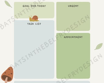 Può includere: Un planner giornaliero con un tema naturalistico. Il planner ha sezioni per obiettivi, attività, appuntamenti e note. Ci sono illustrazioni di una lumaca, funghi e un tronco d'albero.
