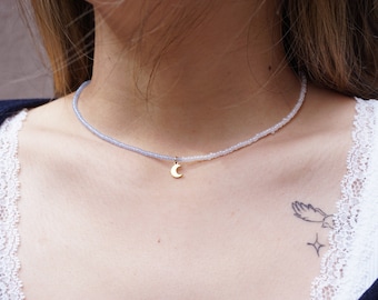 Asymmetrical Beaded Necklace Crescent Moon Charm