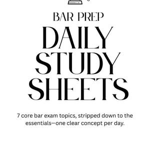 Pode incluir: Ilustração em preto e branco de um martelo, com o texto "BAR PREP DAILY STUDY SHEETS" e o slogan "7 tópicos principais do exame da Ordem dos Advogados, simplificados ao essencial: um conceito claro por dia." O texto "@learnlawyerly" está na parte inferior da imagem.