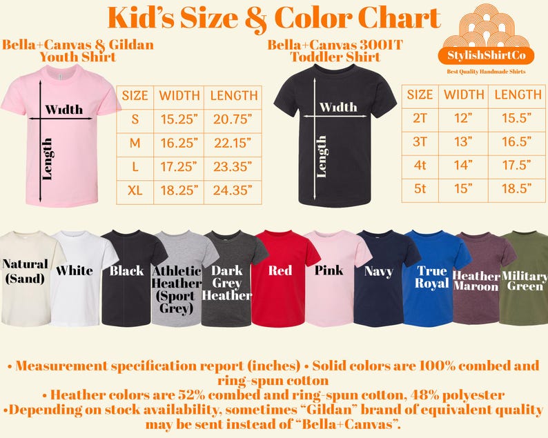 以下が含まれることがあります： 子供用と幼児用のTシャツのサイズ表です。表には、さまざまなサイズに対応する幅と長さの寸法がインチで示されています。表には、ナチュラル、ホワイト、ブラック、アスレチックヘザー、ダークグレーヘザー、レッド、ピンク、ネイビー、トゥルーロイヤル、ヘザーマロン、ミリタリーグリーンなど、さまざまなTシャツの色も示されています。